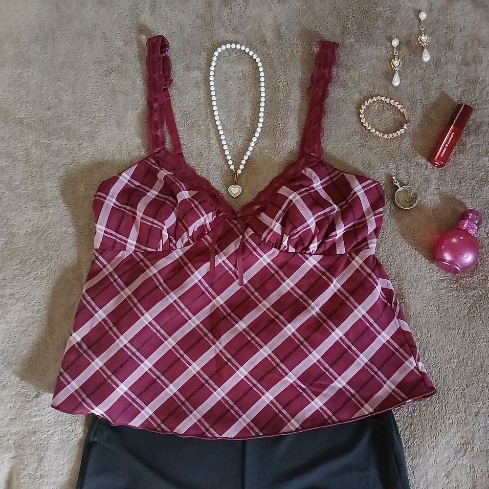Y2K Burgundy Plaid Lace Cami Top | Sexy V-Neck Crop | Size S